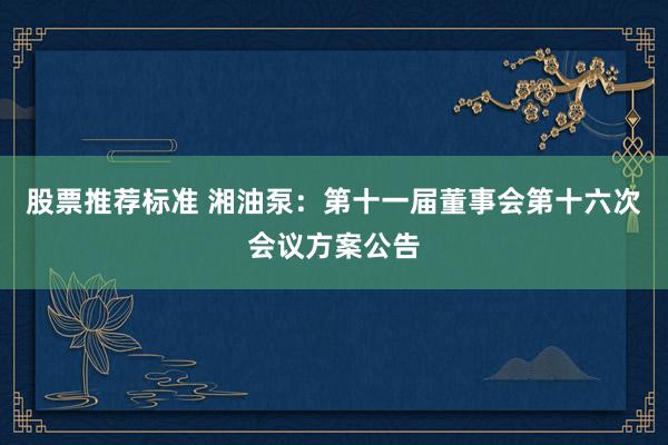 股票推荐标准 湘油泵：第十一届董事会第十六次会议方案公告